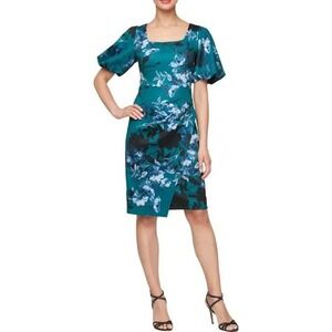 Alex Evenings Teal Floral Square Neck Puff Sleeve Sheath Dress Size 10 NEW